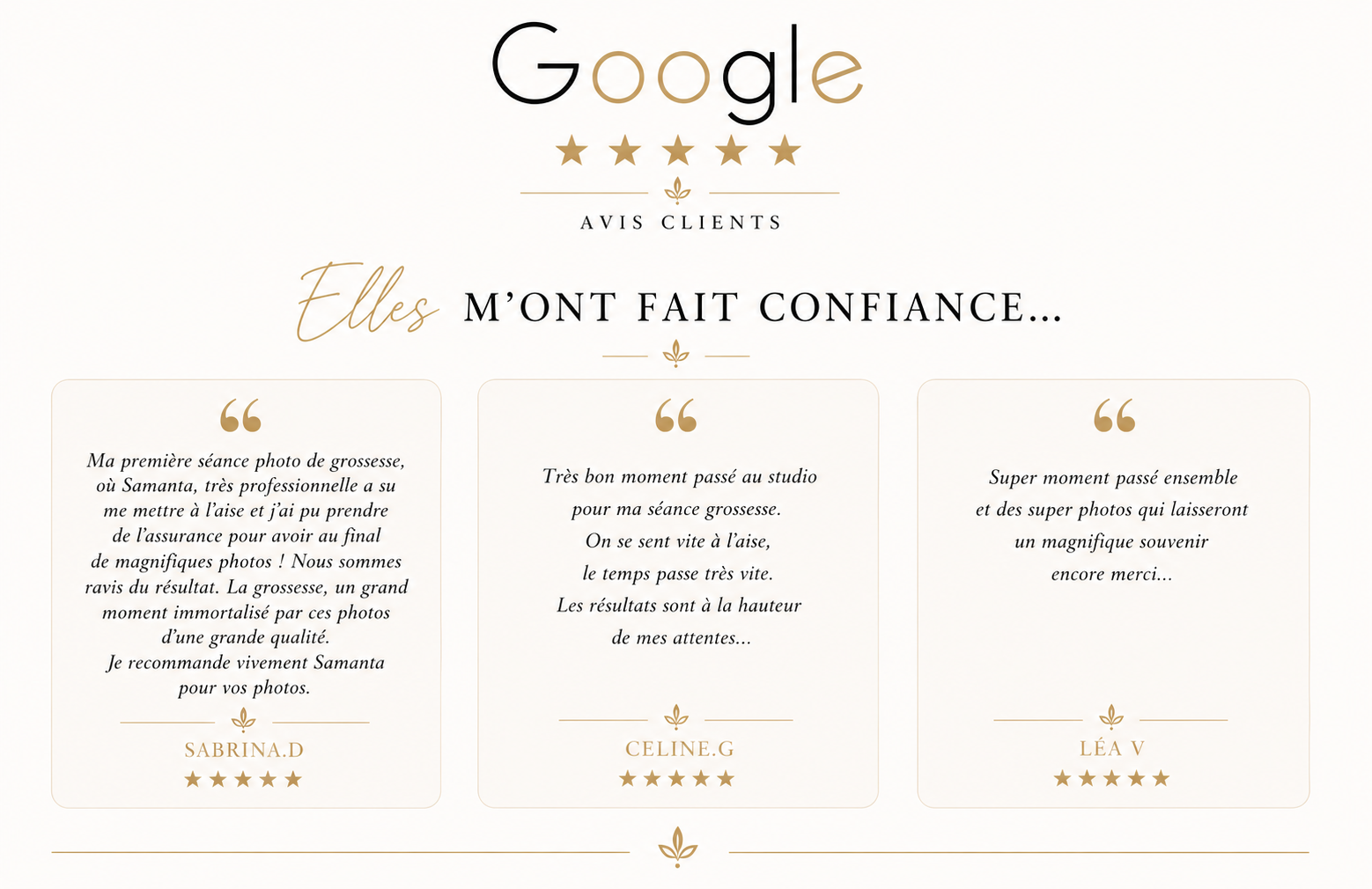 Avis Google de clientes après leur séance photo grossesse au studio Les 3 P'tits Klics
